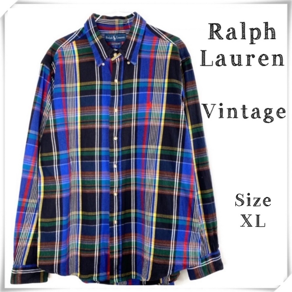 RALPH Lauren Vintage Custom Fit Plaid Flannel Shirt in Blue with Red